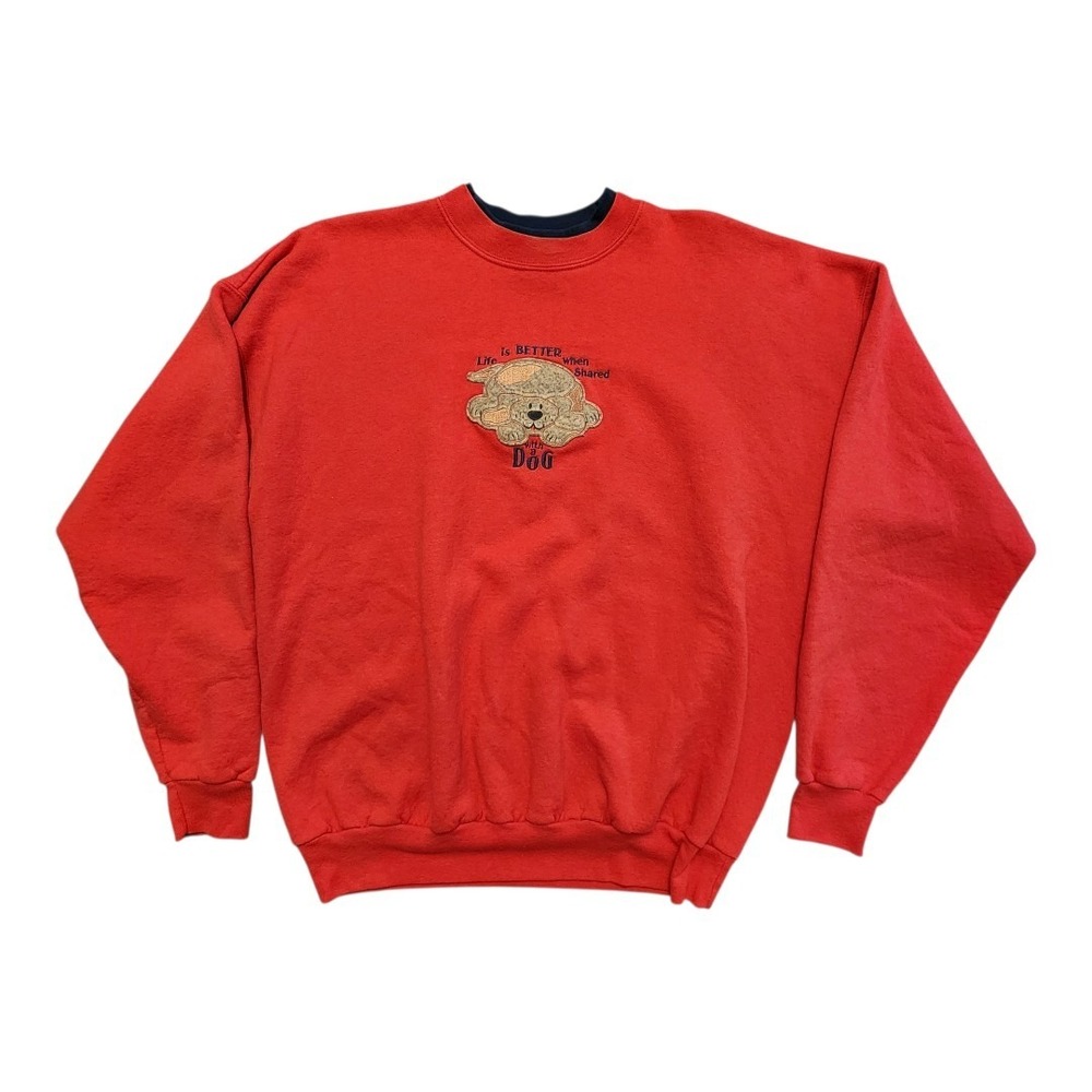 90s Vintage Sweatshirts Pullover Oversized‎ Dog Embroidery Loose Size XL Red